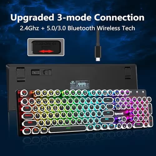 Redragon Wireless Typewriter Style Mechanical Gaming Keyboard, Bluetooth/2.4Ghz/Wired, RGB Backlit, Rechargeable, Blue Switch - Clicky, Metal Panel, Round Keycaps, Black image