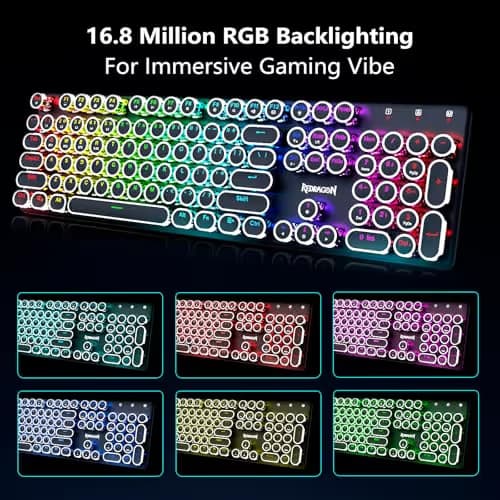 Redragon Wireless Typewriter Style Mechanical Gaming Keyboard, Bluetooth/2.4Ghz/Wired, RGB Backlit, Rechargeable, Blue Switch - Clicky, Metal Panel, Round Keycaps, Black image