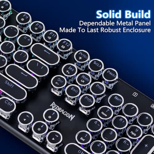 Redragon Wireless Typewriter Style Mechanical Gaming Keyboard, Bluetooth/2.4Ghz/Wired, RGB Backlit, Rechargeable, Blue Switch - Clicky, Metal Panel, Round Keycaps, Black image