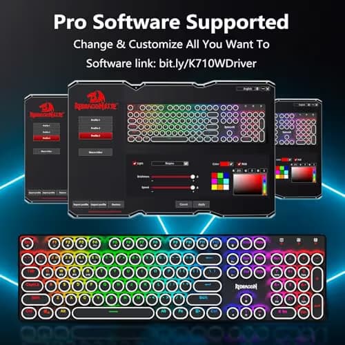 Redragon Wireless Typewriter Style Mechanical Gaming Keyboard, Bluetooth/2.4Ghz/Wired, RGB Backlit, Rechargeable, Blue Switch - Clicky, Metal Panel, Round Keycaps, Black image