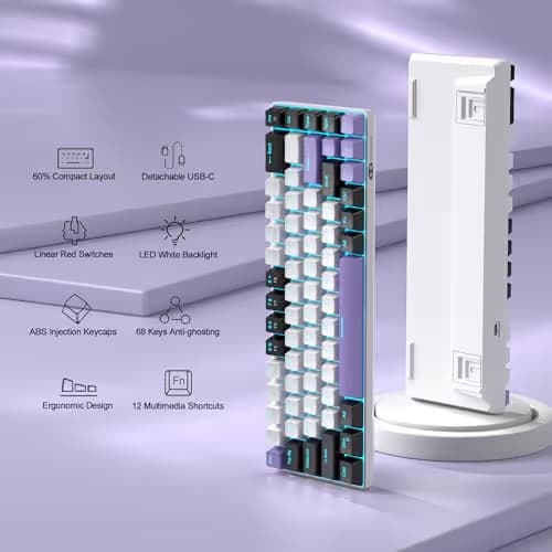 MageGee Portable 60% Mechanical Gaming Keyboard, MK-Box LED Backlit Compact 68 Keys Mini Wired Office Keyboard with Red Switch for Windows Laptop PC Mac - White/Purple image