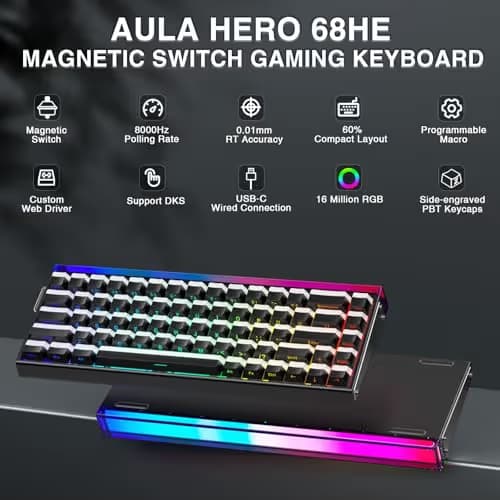 AULA Hero 68 HE 60% Gaming Keyboard Wired, Hall Effect Magnetic Switch Keyboard with 8K Hz Polling Rate, Side Printed PBT Keycaps, RGB Backlit Light Box, Customizable Web Software for PC/Mac Gamers image