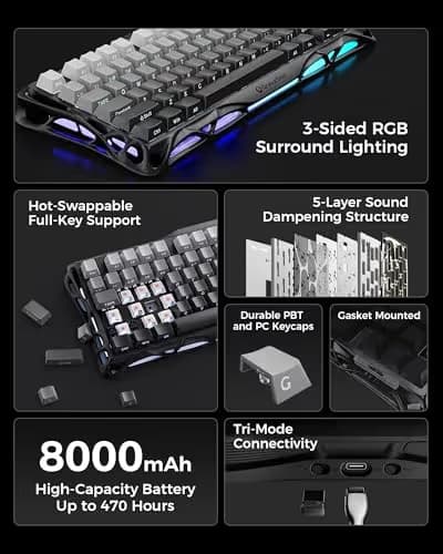 GravaStar Mercury K1 75% Wireless Mechanical Gaming Keyboard, Aluminum Alloy, Gasket Compact Custom Keyboard Hot-Swap Socket, Linear Switches, RGB Backlit - Gradient Black image