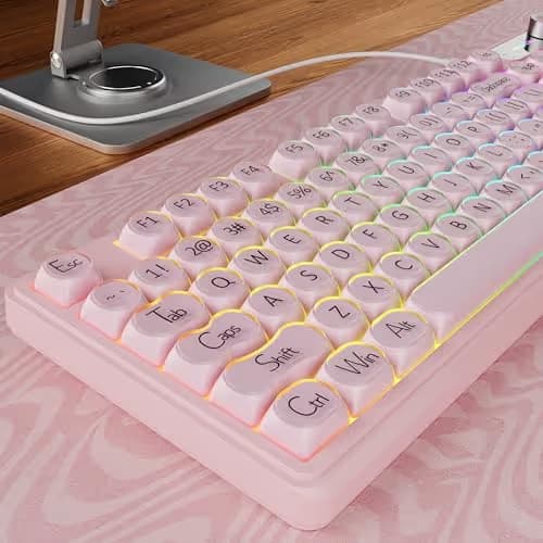 EWEADN V102 Wired Keyboard, 98 Keys Creamy Gaming Keyboard with Number Pad, Display Screen & Media Knob RGB Silent Wired Cute Computer Keyboard for Laptop PC Gamer - Pink image