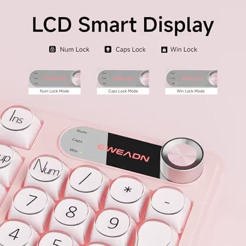 EWEADN V102 Wired Keyboard, 98 Keys Creamy Gaming Keyboard with Number Pad, Display Screen & Media Knob RGB Silent Wired Cute Computer Keyboard for Laptop PC Gamer - Pink image