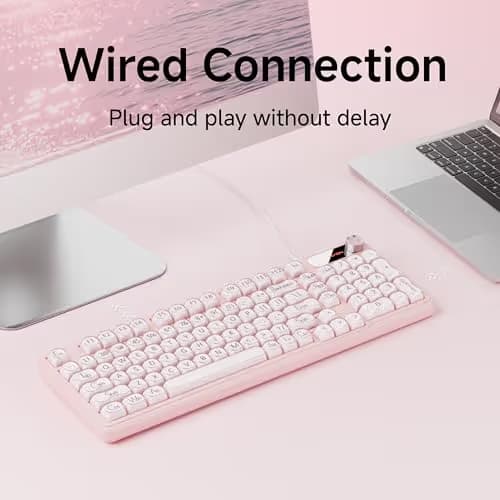 EWEADN V102 Wired Keyboard, 98 Keys Creamy Gaming Keyboard with Number Pad, Display Screen & Media Knob RGB Silent Wired Cute Computer Keyboard for Laptop PC Gamer - Pink image