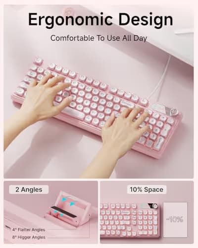 EWEADN V102 Wired Keyboard, 98 Keys Creamy Gaming Keyboard with Number Pad, Display Screen & Media Knob RGB Silent Wired Cute Computer Keyboard for Laptop PC Gamer - Pink image