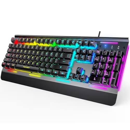 TECKNET Gaming Keyboard, USB Wired Computer Keyboard, 15-Zone RGB Illumination, IP32 Water Resistance, 25 Anti-ghosting Keys, All-Metal Panel (Whisper Quiet Gaming Switch) main image
