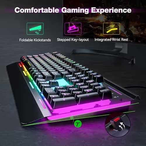 TECKNET Gaming Keyboard, USB Wired Computer Keyboard, 15-Zone RGB Illumination, IP32 Water Resistance, 25 Anti-ghosting Keys, All-Metal Panel (Whisper Quiet Gaming Switch) image