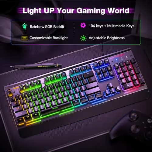 TECKNET Gaming Keyboard, USB Wired Computer Keyboard, 15-Zone RGB Illumination, IP32 Water Resistance, 25 Anti-ghosting Keys, All-Metal Panel (Whisper Quiet Gaming Switch) image