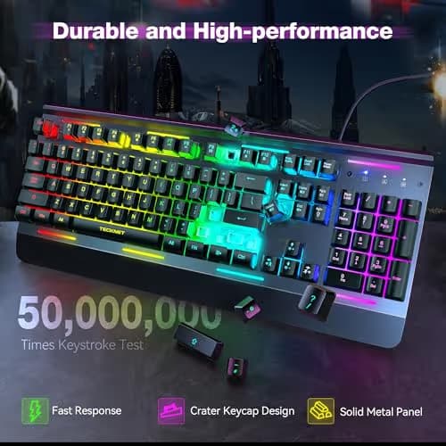 TECKNET Gaming Keyboard, USB Wired Computer Keyboard, 15-Zone RGB Illumination, IP32 Water Resistance, 25 Anti-ghosting Keys, All-Metal Panel (Whisper Quiet Gaming Switch) image