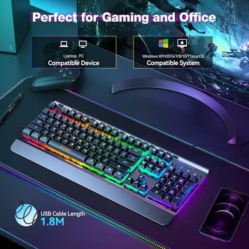 TECKNET Gaming Keyboard, USB Wired Computer Keyboard, 15-Zone RGB Illumination, IP32 Water Resistance, 25 Anti-ghosting Keys, All-Metal Panel (Whisper Quiet Gaming Switch) image
