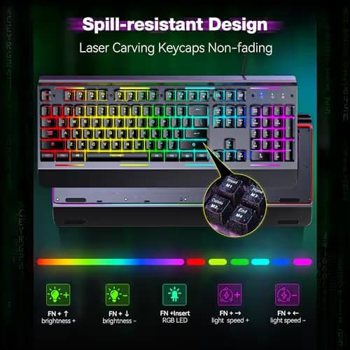TECKNET Gaming Keyboard, USB Wired Computer Keyboard, 15-Zone RGB Illumination, IP32 Water Resistance, 25 Anti-ghosting Keys, All-Metal Panel (Whisper Quiet Gaming Switch) image