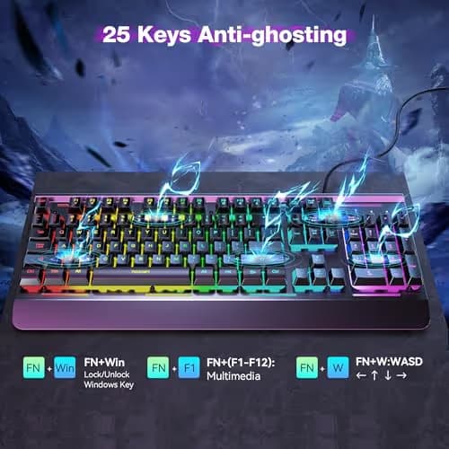 TECKNET Gaming Keyboard, USB Wired Computer Keyboard, 15-Zone RGB Illumination, IP32 Water Resistance, 25 Anti-ghosting Keys, All-Metal Panel (Whisper Quiet Gaming Switch) image