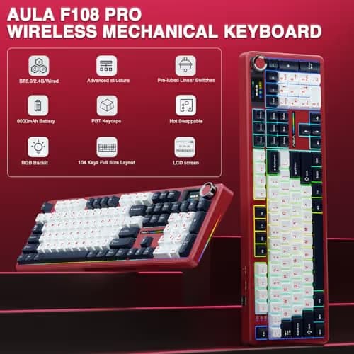AULA F108 PRO - Wireless Mechanical Keyboard with Screen&Knob,Hot Swappable Gaming Keyboard with 8000mAh Battery,Pre-lubed Switches,RGB Backlit,PBT Keycaps Creamy Sounding Computer Keyboards,104 Keys image