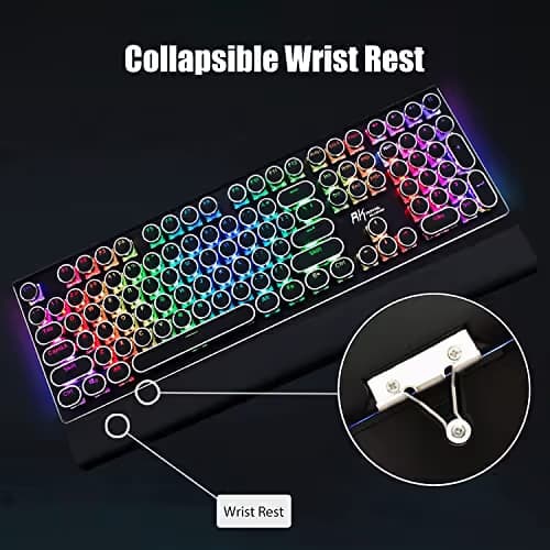 RK ROYAL KLUDGE S108 Typewriter Keyboard, Retro Mechanical Gaming Keyboard Wired 108 Keys with RGB Backlit Sidelight, Detachable Wrist Rest, Round Keycaps Blue Switches - Black image