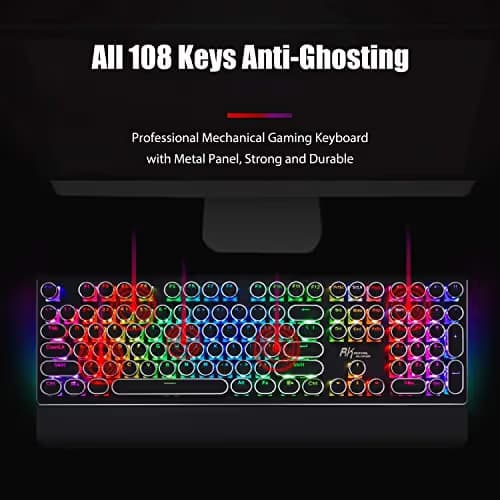 RK ROYAL KLUDGE S108 Typewriter Keyboard, Retro Mechanical Gaming Keyboard Wired 108 Keys with RGB Backlit Sidelight, Detachable Wrist Rest, Round Keycaps Blue Switches - Black image