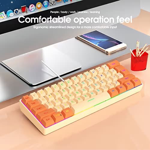 Snpurdiri 60% Wired Gaming Keyboard, RGB Backlit Ultra-Compact Mini Keyboard, Waterproof Mini Compact 61 Keys Keyboard for PC/Mac Gamer, Typist, Travel (Orange and Cream) image