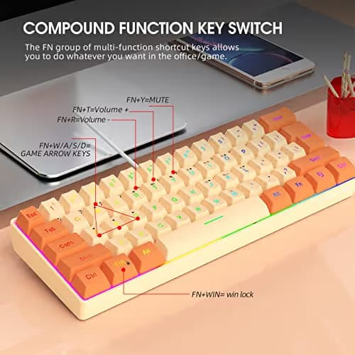 Snpurdiri 60% Wired Gaming Keyboard, RGB Backlit Ultra-Compact Mini Keyboard, Waterproof Mini Compact 61 Keys Keyboard for PC/Mac Gamer, Typist, Travel (Orange and Cream) image