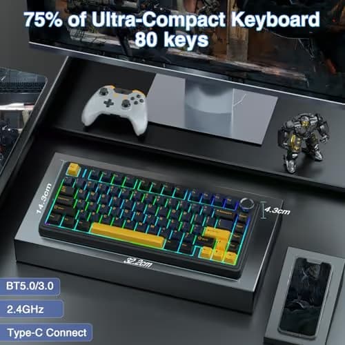 AULA F75 75% Wireless Mechanical Keyboard, Hot Swappable Creamy Keyboard, Pre-lubed Greywood Switches RGB Backlit Gaming Keyboards, 2.4GHz/Type-C/BT5.0(Cool Black) image