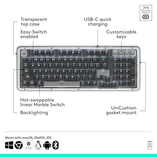 Logitech Alto Keys K98M Wireless Mechanical Keyboard, Customizable Keyboard with Vibration Absorbing Gasket, Backlit Keys, Bluetooth, USB-C Charging, for PC, Mac, Laptops - Graphite image