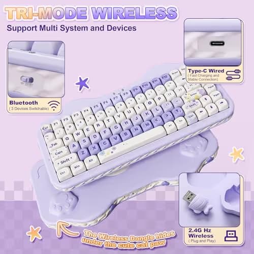YUNZII C75 Wireless Mechanical Keyboard,75% Layout, Hot-Swappable NKRO,BT5.0/2.4G/USB-C Mode,Dye-Sub PBT MOA Keycaps,RGB Gasket Mount,Cute Cake Design for Mac/Win/Gaming (Purple, Candy Switch) image