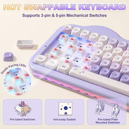YUNZII C75 Wireless Mechanical Keyboard,75% Layout, Hot-Swappable NKRO,BT5.0/2.4G/USB-C Mode,Dye-Sub PBT MOA Keycaps,RGB Gasket Mount,Cute Cake Design for Mac/Win/Gaming (Purple, Candy Switch) image