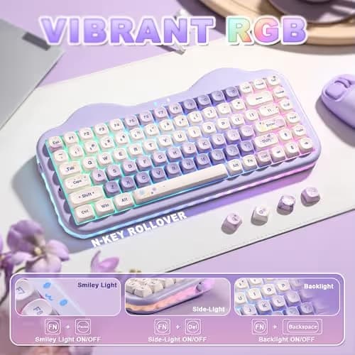 YUNZII C75 Wireless Mechanical Keyboard,75% Layout, Hot-Swappable NKRO,BT5.0/2.4G/USB-C Mode,Dye-Sub PBT MOA Keycaps,RGB Gasket Mount,Cute Cake Design for Mac/Win/Gaming (Purple, Candy Switch) image