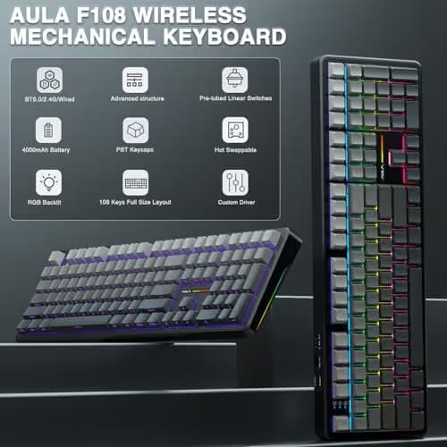 AULA F108 Wireless Mechanical Keyboard, Full Size Gaming Keyboard with Number Pad, Side Printed PBT Keycaps, Pre-lubed Switches, RGB Backlit, Hot Swappable Creamy Sounding Computer Keyboards, 108 keys image