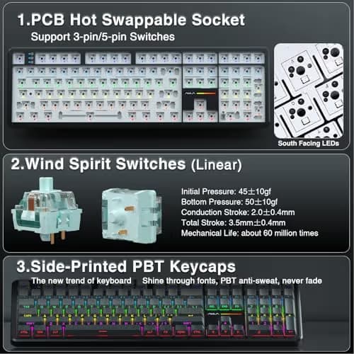 AULA F108 Wireless Mechanical Keyboard, Full Size Gaming Keyboard with Number Pad, Side Printed PBT Keycaps, Pre-lubed Switches, RGB Backlit, Hot Swappable Creamy Sounding Computer Keyboards, 108 keys image