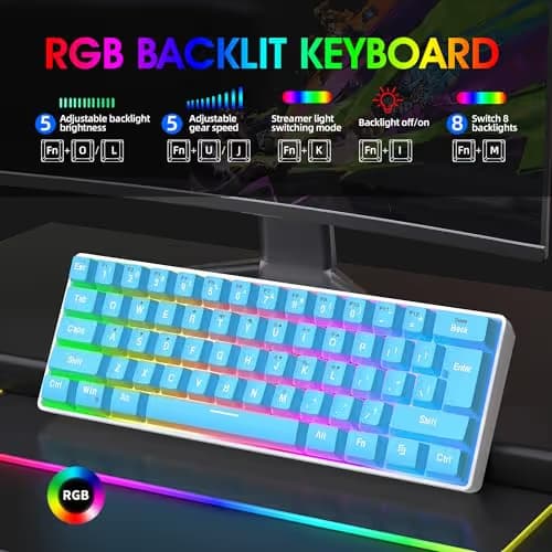 Snpurdiri 60% Wired Gaming Keyboard, Small Ultra-Compact 61 Keys RGB Backlit 60 Percent Gaming Keyboard for PC/Mac Gamer, Typist, Travel, Easy to Carry on Business Trip (Blue) image
