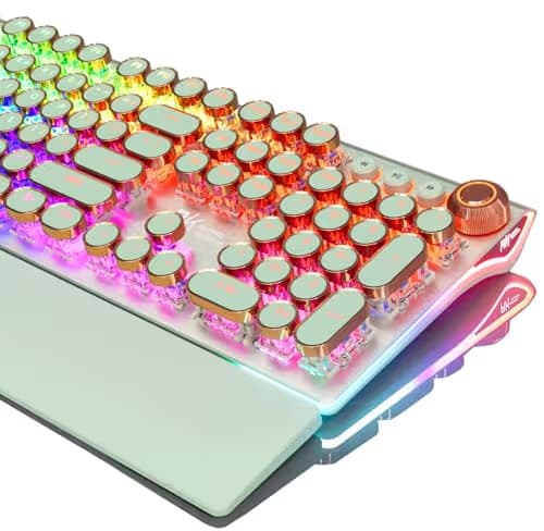 RK ROYAL KLUDGE X108 Typewriter Style Mechanical Keyboard, Wired Gaming Keyboard 108 Keys RGB Backlit Sidelight, Detachable Wrist Rest, Volume Knob, Retro Round Keycaps Blue Switches - Green main image