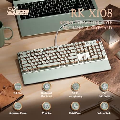 RK ROYAL KLUDGE X108 Typewriter Style Mechanical Keyboard, Wired Gaming Keyboard 108 Keys RGB Backlit Sidelight, Detachable Wrist Rest, Volume Knob, Retro Round Keycaps Blue Switches - Green image