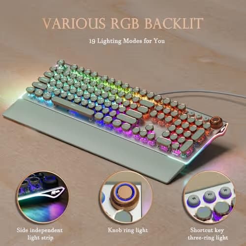 RK ROYAL KLUDGE X108 Typewriter Style Mechanical Keyboard, Wired Gaming Keyboard 108 Keys RGB Backlit Sidelight, Detachable Wrist Rest, Volume Knob, Retro Round Keycaps Blue Switches - Green image