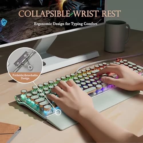RK ROYAL KLUDGE X108 Typewriter Style Mechanical Keyboard, Wired Gaming Keyboard 108 Keys RGB Backlit Sidelight, Detachable Wrist Rest, Volume Knob, Retro Round Keycaps Blue Switches - Green image