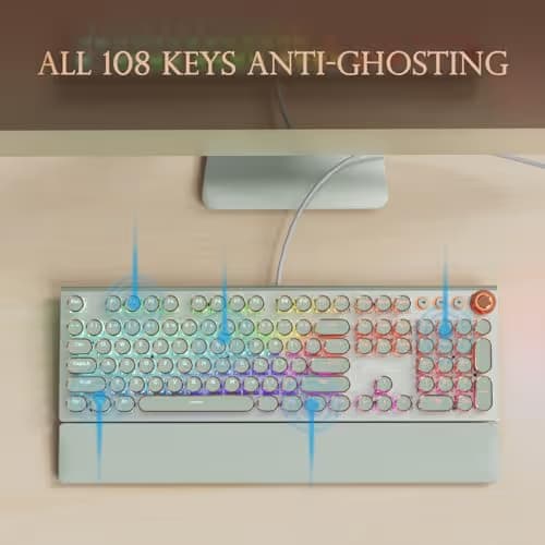 RK ROYAL KLUDGE X108 Typewriter Style Mechanical Keyboard, Wired Gaming Keyboard 108 Keys RGB Backlit Sidelight, Detachable Wrist Rest, Volume Knob, Retro Round Keycaps Blue Switches - Green image