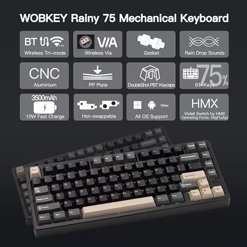 KEEBMONKEY WOBKEY Rainy 75 CNC Aluminum HMX/JWK/Cocoa Switches Triple-Mode Connectivity Mechanical Keyboard with Superior Acoustics, RGB/PP/Gradient Glass/3500mAh/Violet Switch (Standard - Black) image