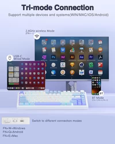 AULA F75 75% Wireless Mechanical Keyboard, Hot Swappable Creamy Keyboard, Pre-lubed Star Vector Switches RGB Backlit Gaming Keyboards, 2.4GHz/Type-C/BT5.0(White&Blue&Purple) image