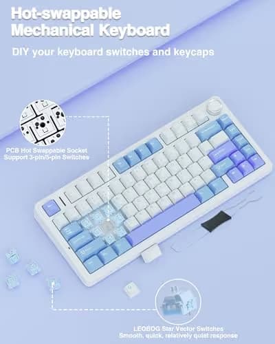 AULA F75 75% Wireless Mechanical Keyboard, Hot Swappable Creamy Keyboard, Pre-lubed Star Vector Switches RGB Backlit Gaming Keyboards, 2.4GHz/Type-C/BT5.0(White&Blue&Purple) image