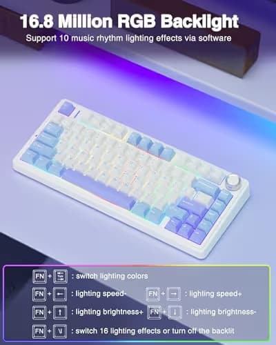 AULA F75 75% Wireless Mechanical Keyboard, Hot Swappable Creamy Keyboard, Pre-lubed Star Vector Switches RGB Backlit Gaming Keyboards, 2.4GHz/Type-C/BT5.0(White&Blue&Purple) image