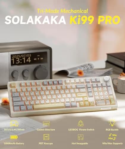 SOLAKAKA KI99 Pro 96% Wireless Gaming Keyboard, RGB Creamy Keyboardw with Knob, Hot-Swappable Pre-Lubed Switches, Gasket Structure Mechanical Keyboards (Beige-White, Non-Silent Version) image