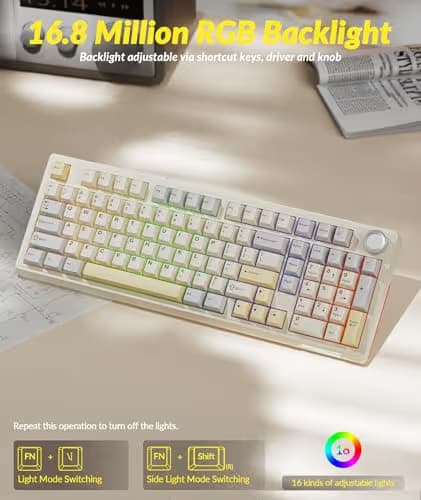 SOLAKAKA KI99 Pro 96% Wireless Gaming Keyboard, RGB Creamy Keyboardw with Knob, Hot-Swappable Pre-Lubed Switches, Gasket Structure Mechanical Keyboards (Beige-White, Non-Silent Version) image
