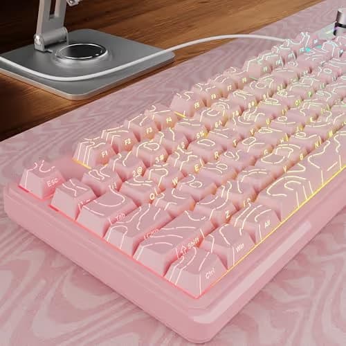 EWEADN V102 Wired Keyboard, 98 Keys Creamy Gaming Keyboard with Number Pad, Display Screen & Media Knob RGB Silent Wired Cute Computer Keyboard for Laptop PC Gamer - Light Pink main image