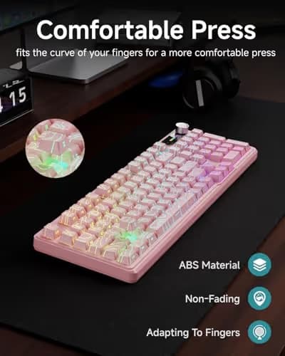EWEADN V102 Wired Keyboard, 98 Keys Creamy Gaming Keyboard with Number Pad, Display Screen & Media Knob RGB Silent Wired Cute Computer Keyboard for Laptop PC Gamer - Light Pink image