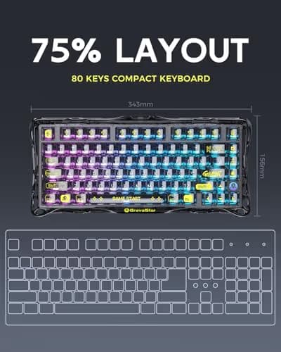 GravaStar Mercury K1 Lite 75% Gaming Keyboard, 2.4GHz/BT/Wired Tri-Mode Wireless Keyboard, Gasket Hot Swappable Mechanical Keyboard, Pre-lubed Linear Switches, RGB Backlit (Transparent Black) image