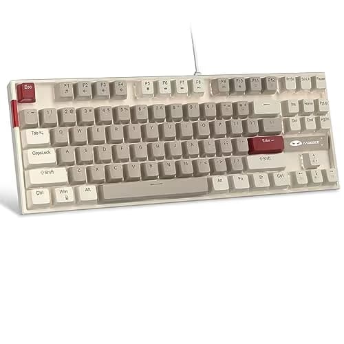 MageGee 75% Mechanical Gaming Keyboard, Brown Switch, LED White Backlit, 87 Keys Compact TKL Wired Computer Keyboards for Windows Laptop PC Gamer - Retro Grey/White image