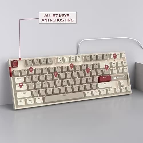 MageGee 75% Mechanical Gaming Keyboard, Brown Switch, LED White Backlit, 87 Keys Compact TKL Wired Computer Keyboards for Windows Laptop PC Gamer - Retro Grey/White image