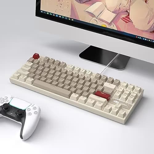 MageGee 75% Mechanical Gaming Keyboard, Brown Switch, LED White Backlit, 87 Keys Compact TKL Wired Computer Keyboards for Windows Laptop PC Gamer - Retro Grey/White image