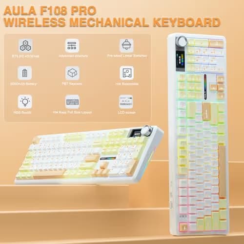 AULA F108 PRO - Wireless Mechanical Keyboard with Screen&Knob,Hot Swappable Gaming Keyboard with 8000mAh Battery,Pre-lubed Switches,RGB Backlit,PBT Keycaps Creamy Sounding Computer Keyboards,104 Keys image