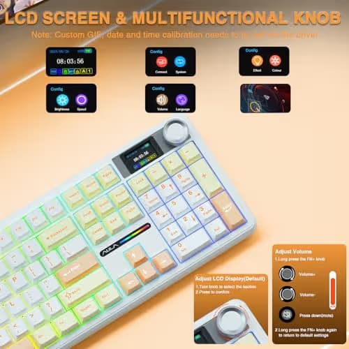 AULA F108 PRO - Wireless Mechanical Keyboard with Screen&Knob,Hot Swappable Gaming Keyboard with 8000mAh Battery,Pre-lubed Switches,RGB Backlit,PBT Keycaps Creamy Sounding Computer Keyboards,104 Keys image